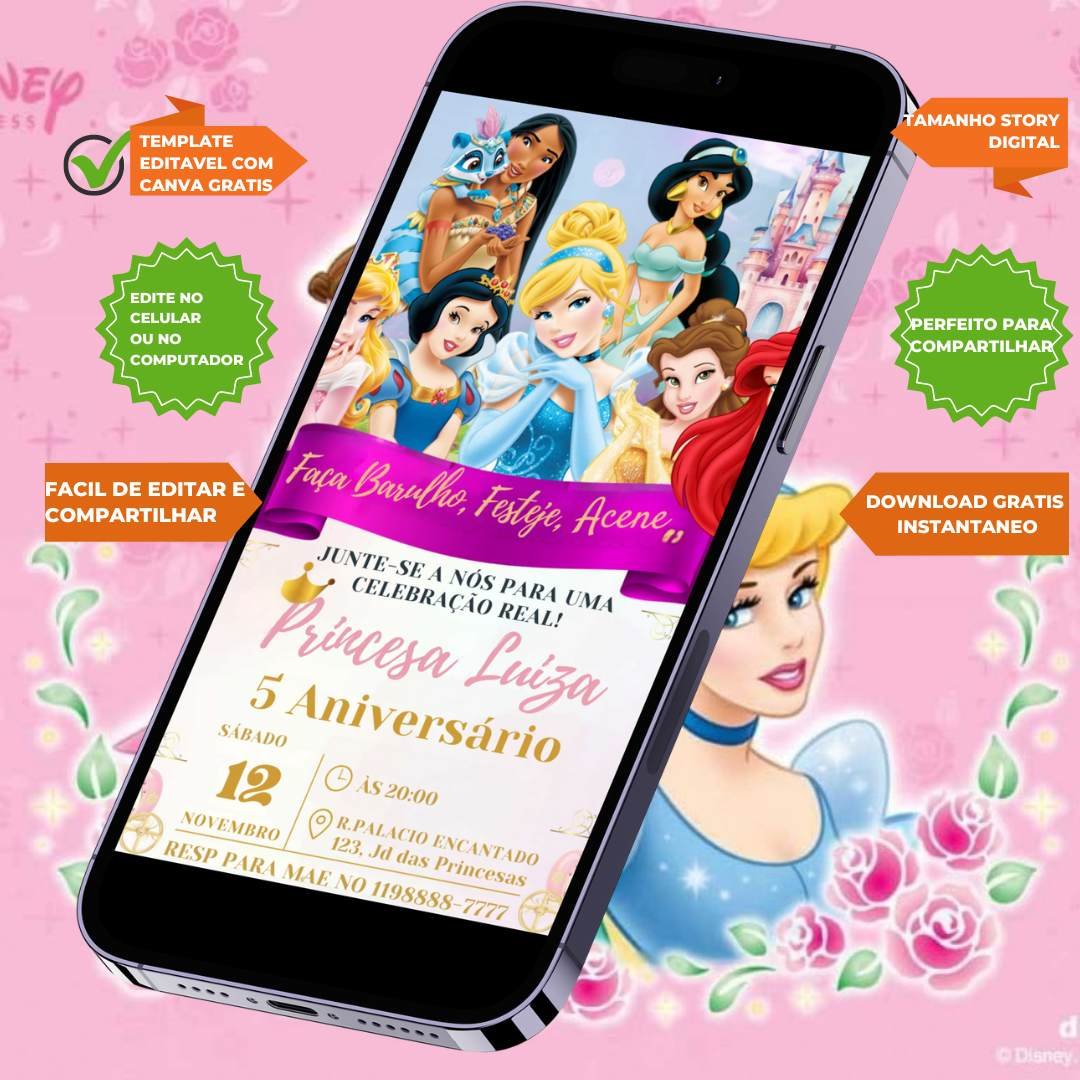 Baixe convite digital gratis das princesas da Disney