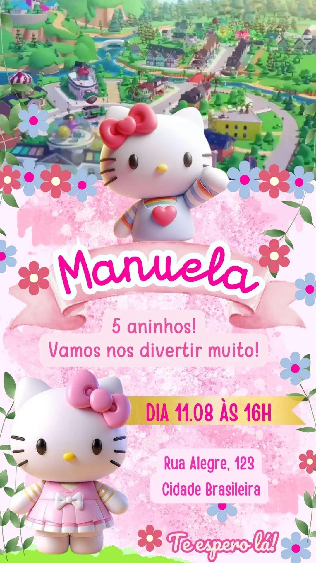 Personalize Convite Digital Hello Kitty Gratis para Download, image size:1080x1920