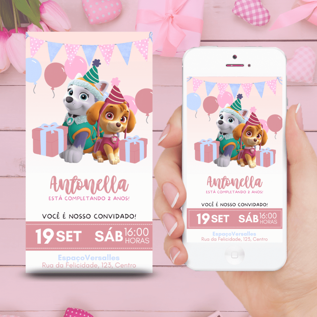 Convite Skye Patrulha Canina Feminino gratis 1 convite de aniversário da patrulha canina