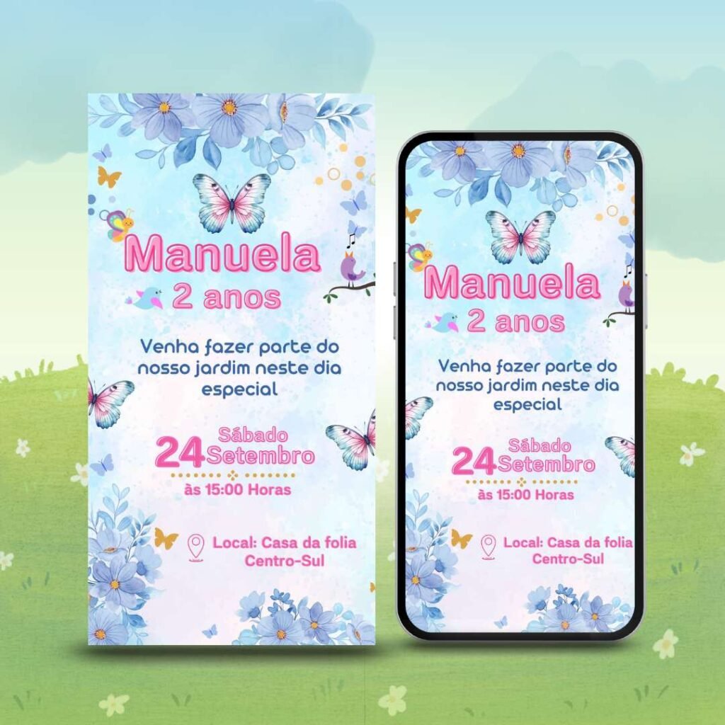 Convite de Aniversário Jardim Encantado Grátis Editável no Canva: Dê Asas à Imaginação na Festa dos seus filhos. 1 convite de aniversário jardim encantado para editar