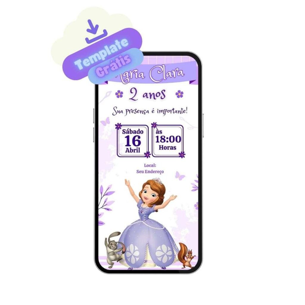 Convite da Princesa Sofia Grátis: Personalize Facilmente no Canva 1 convite princesa sofia