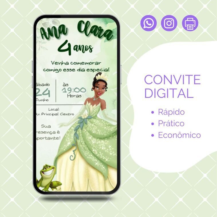 Convite Princesa Tiana Grátis para Editar: Acesse Seu Convite Mágico 4 convite princesa tiana para editar