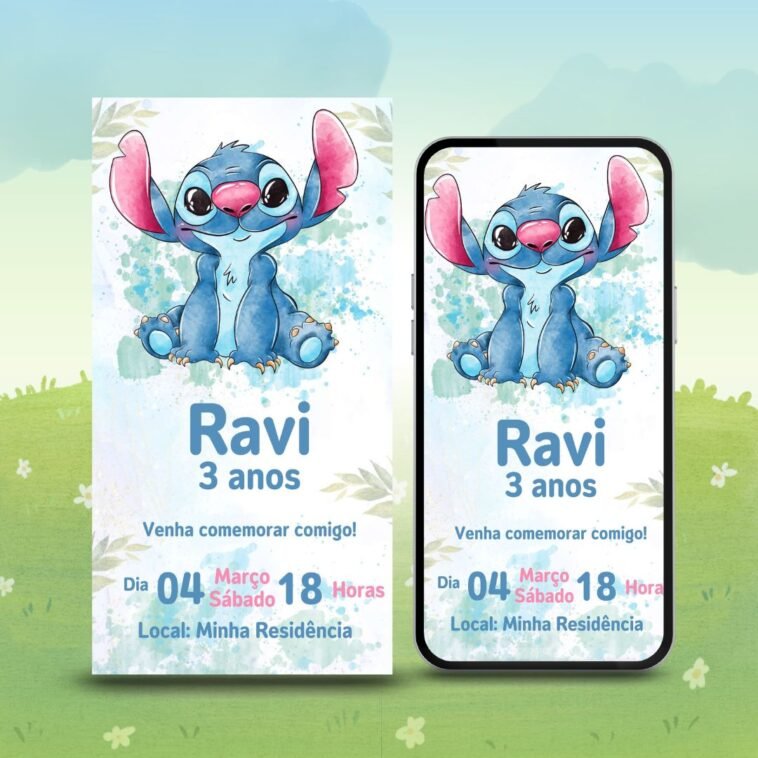 Convite Digital Stitch Gratis Aquarelado - Personalize Gratis 4 convite stitch para editar grátis