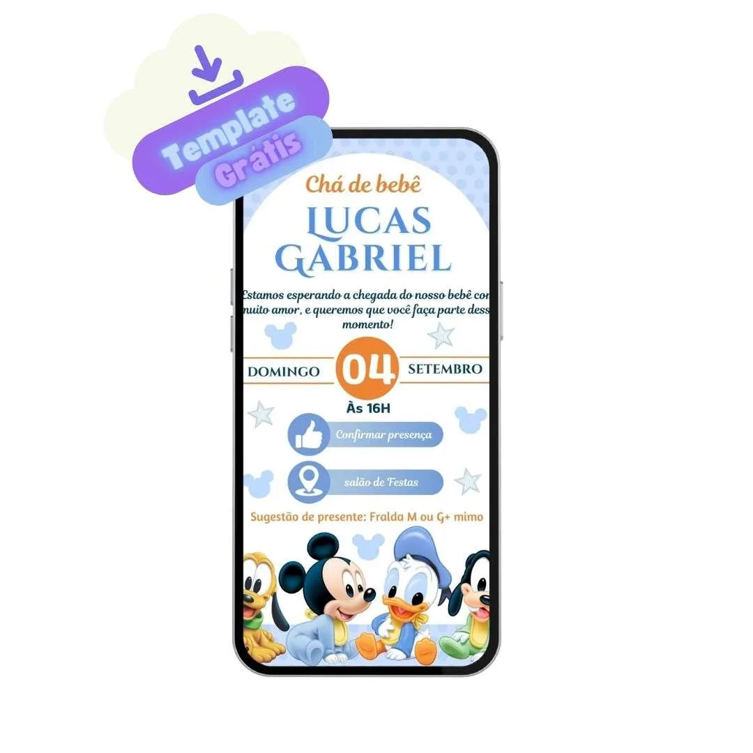 Convite de Chá de Bebê Menino Mickey Baby 12 convite chá de bebe menino mickey baby