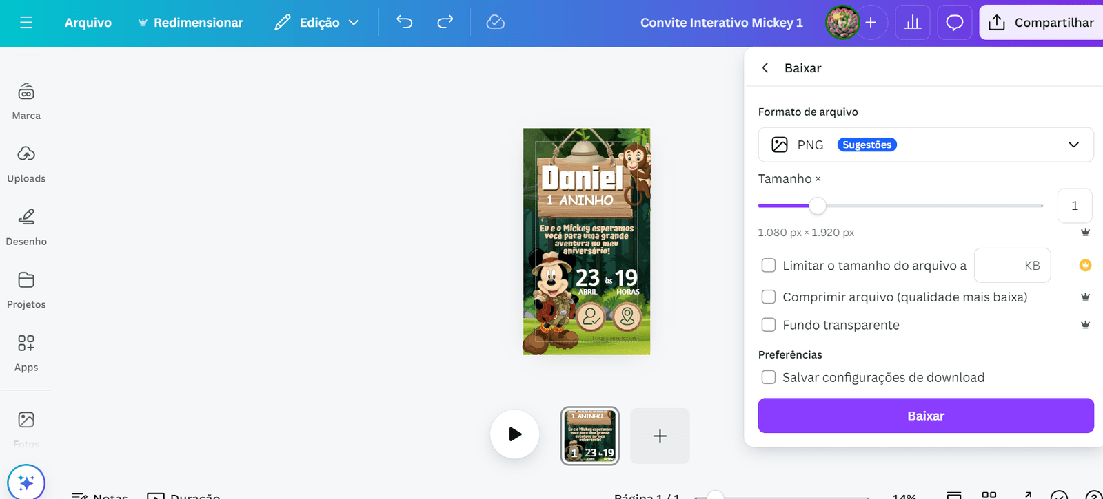 convite de aniversário do mickey para editar 