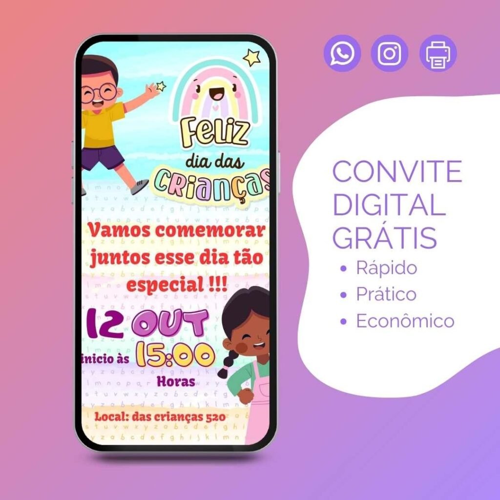 Convite Digital Grátis Dia das Crianças 1 convite digital Dia das Crianças Editável