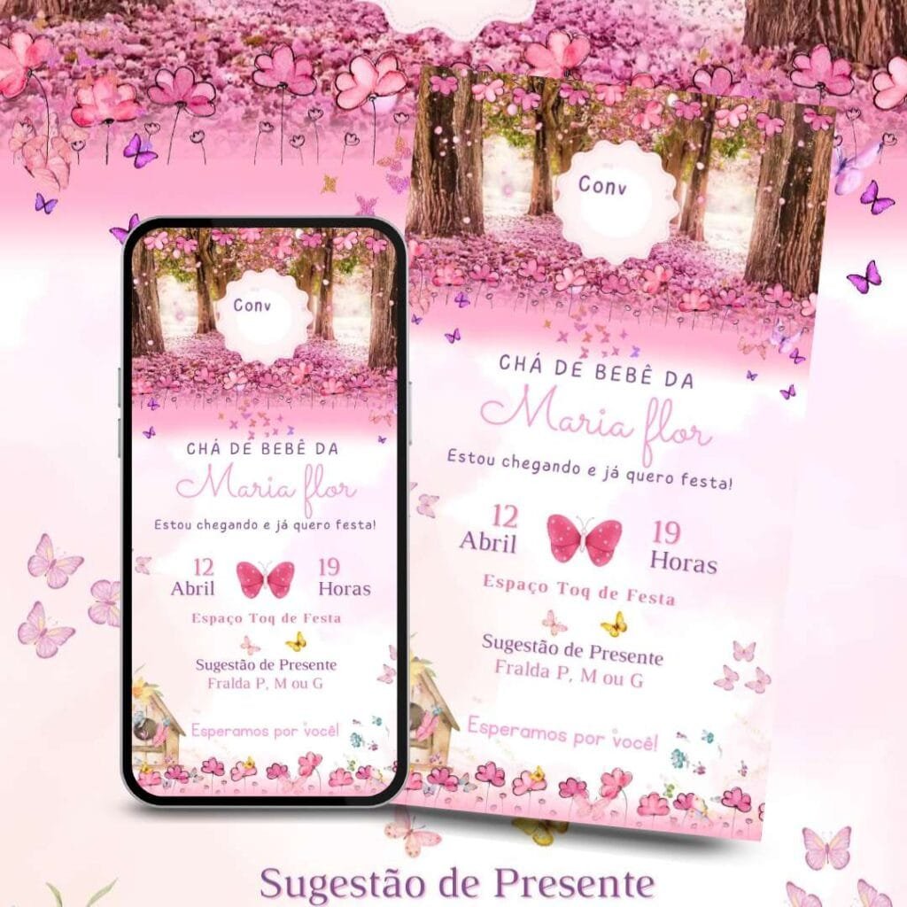 Convite de Chá de Bebê Menina Jardim Encantado 1 convite cha de bebe menina Jardim encantado