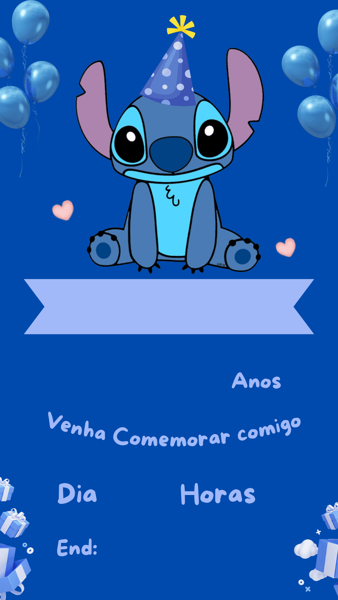 convite de aniversário stitch em branco azul modelo 12