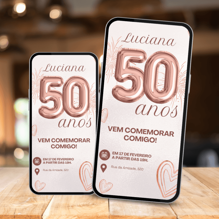Convite Digital 50 Anos tema Rose Gold Gratis 4 modelo de convite 50 anos