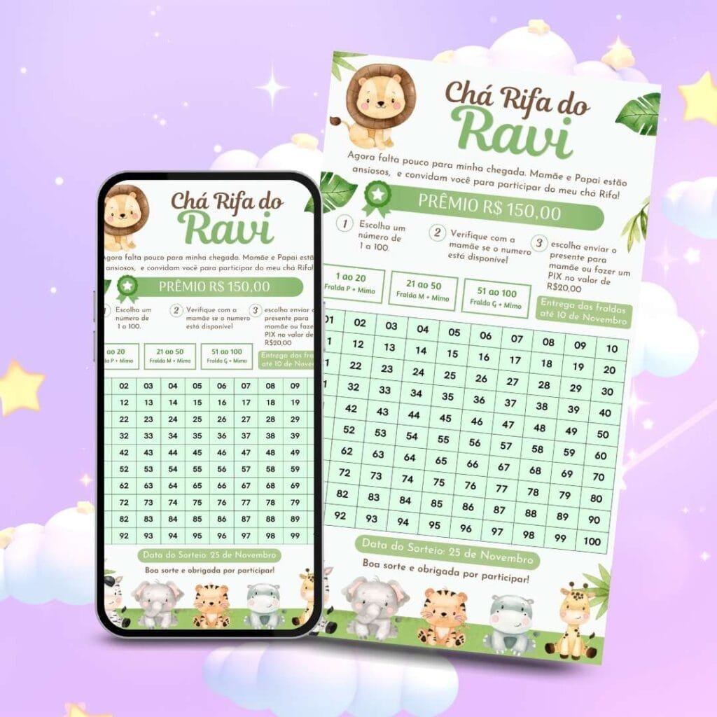 Convite de Chá Rifa Digital tema Safari Gratis para Editar