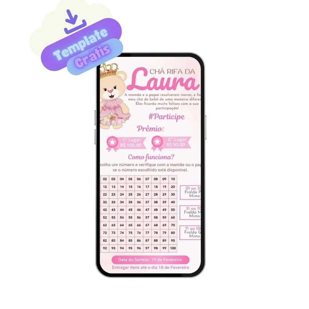Convite de Cha Rifa Ursinha Princesa Template Gratuito, image size:1080x1080