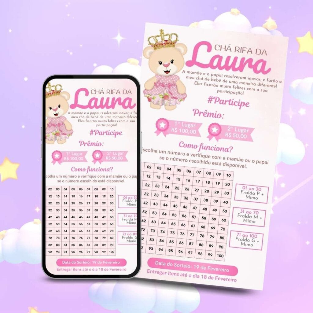 Convite de Chá Rifa Ursinha Princesa: Template Grátis para Editar 1 chá rifa Ursinha Princesa