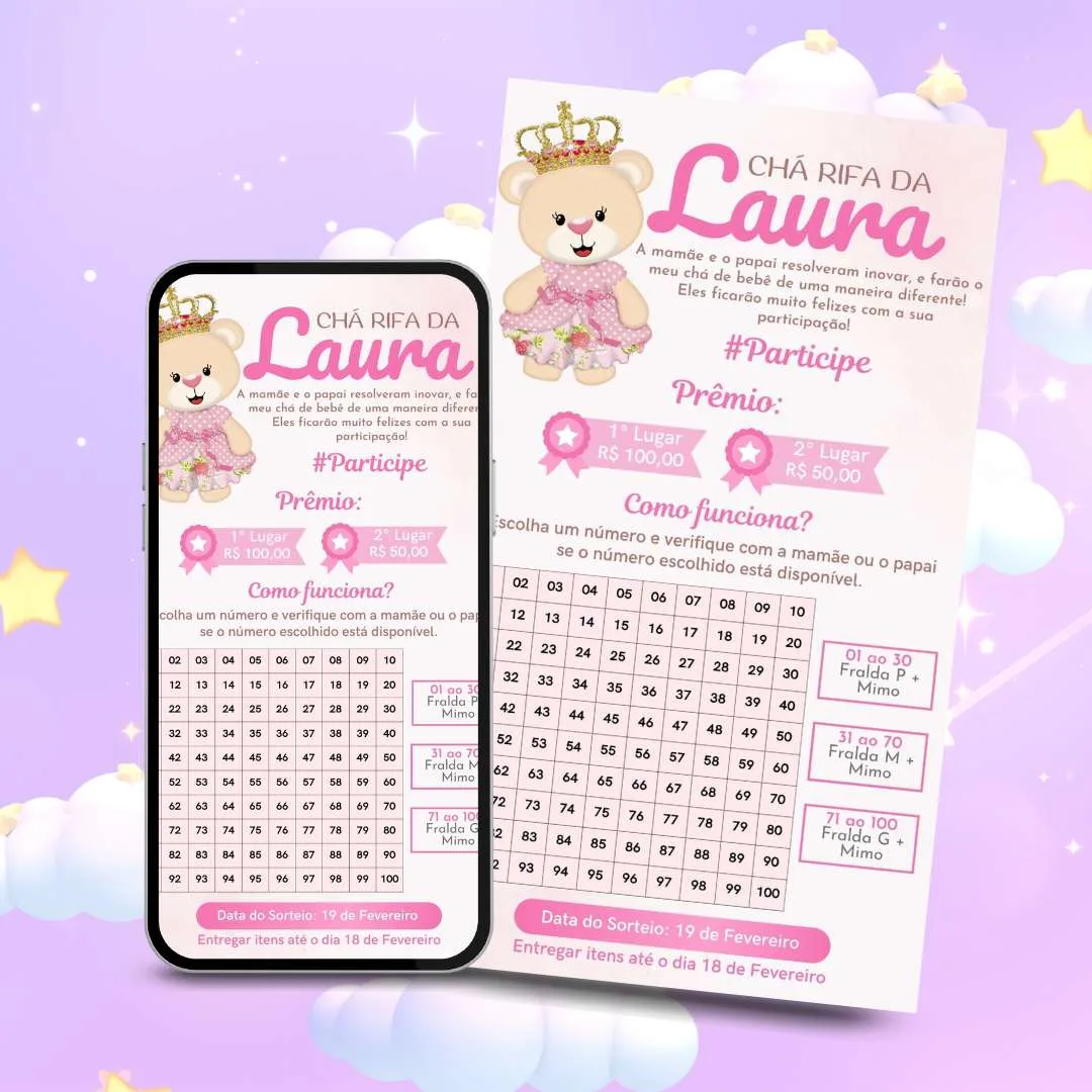 Convite de Cha Rifa Ursinha Princesa Template Gratuito, image size:1080x1080