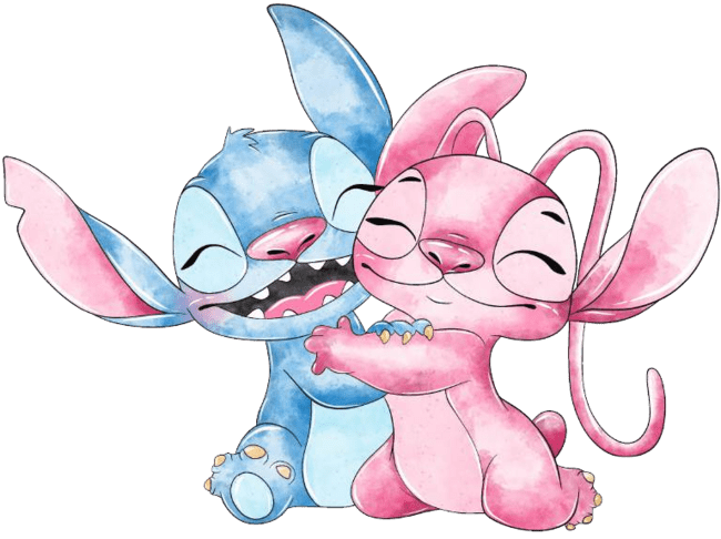 90+ Stitch PNG Grátis: Coleção Exclusiva Download Imediato! 244 Stitch e Angel feliz e abraçados com os olhos fechados aquarela PNG