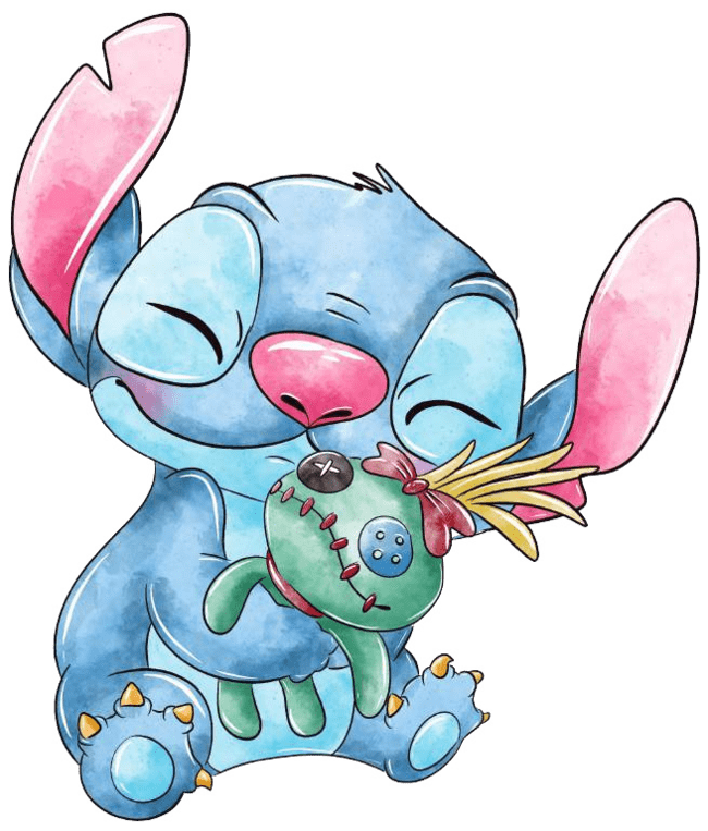 90+ Stitch PNG Grátis: Coleção Exclusiva Download Imediato! 245 Stitch feliz e abraçado com o boneco da lilo olhos fechados aquarela PNG
