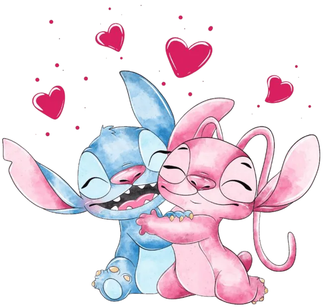 90+ Stitch PNG Grátis: Coleção Exclusiva Download Imediato! 275 Angel e Stitch juntos abraçados e felizes e de olhos fechados com corações no ar Aquarela PNG