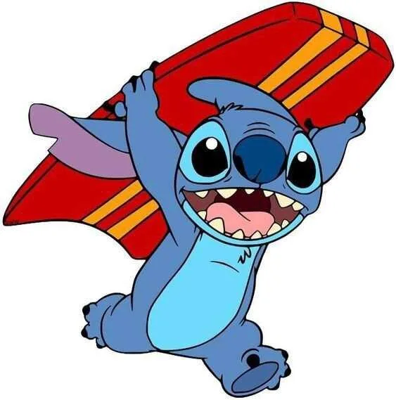 90+ Stitch PNG Grátis: Coleção Exclusiva Download Imediato! 285 STITCH correndo com uma prancha de surf na cabeça PNG