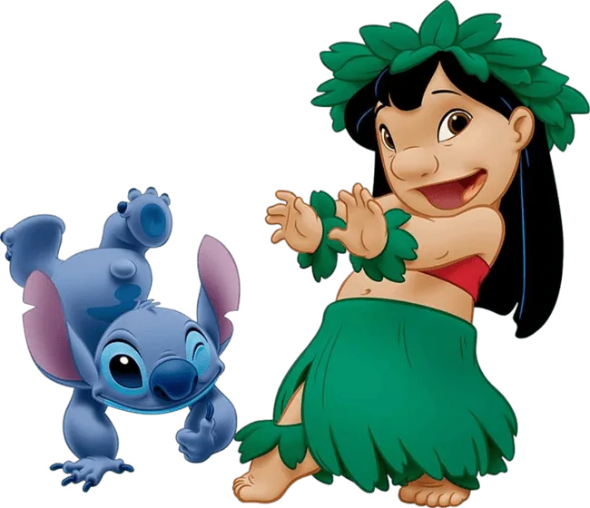 90+ Stitch PNG Grátis: Coleção Exclusiva Download Imediato! 294 Stitch Deitado fazendo positivo com o polegar png e lilo de pé dançando virada para esquerda PNG