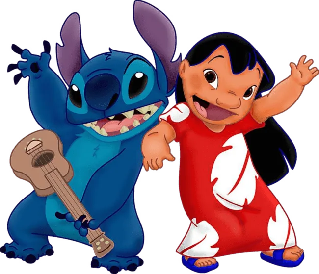 90+ Stitch PNG Grátis: Coleção Exclusiva Download Imediato! 295 Stitch tocando ukelele e a lilo levantando a mao comemorando