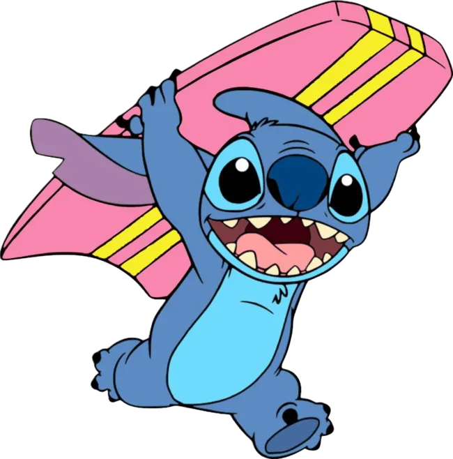 90+ Stitch PNG Grátis: Coleção Exclusiva Download Imediato! 301 Stitch correndo para surfar com a prancha PNG