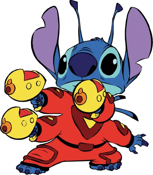 90+ Stitch PNG Grátis: Coleção Exclusiva Download Imediato! 304 Stitch com roupa de heroi e pistola de laser nas maos PNG