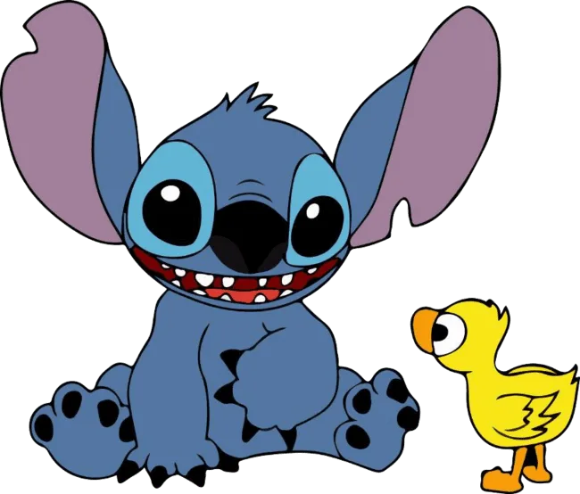 90+ Stitch PNG Grátis: Coleção Exclusiva Download Imediato! 306 Stitch sorridente bricando com um patinho PNG