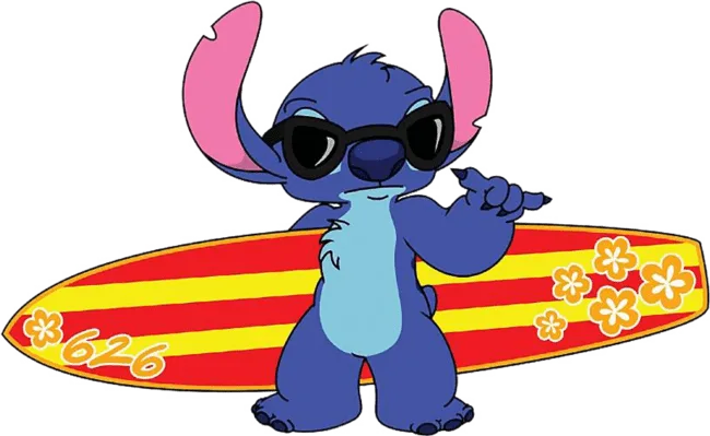 90+ Stitch PNG Grátis: Coleção Exclusiva Download Imediato! 314 Stitch de oculos de Sol e prancha de surf nas costas PNG