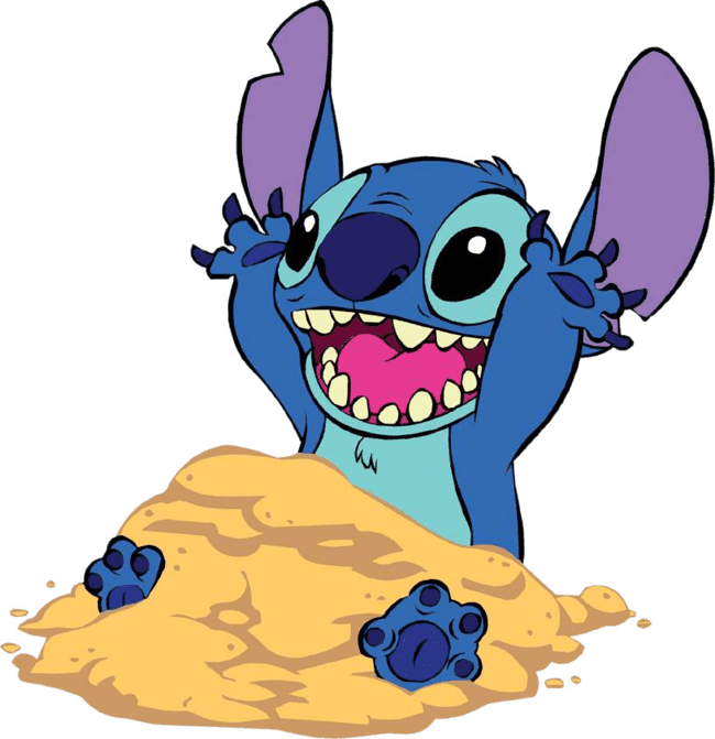 90+ Stitch PNG Grátis: Coleção Exclusiva Download Imediato! 288 Stitch feliz bricando com areia de praia PNG