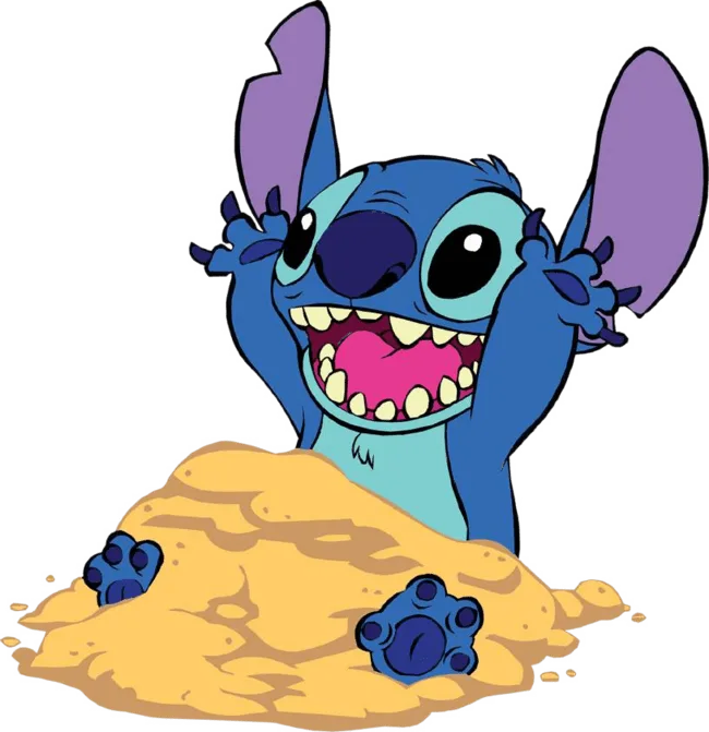 90+ Stitch PNG Grátis: Coleção Exclusiva Download Imediato! 315 Stitch feliz bricando com areia de praia PNG