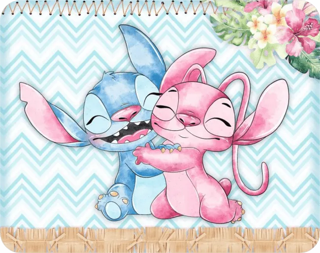 90+ Stitch PNG Grátis: Coleção Exclusiva Download Imediato! 320 Stitch e Angel abraçados olhos fechados e sorrindo com flores ao fundo PNG