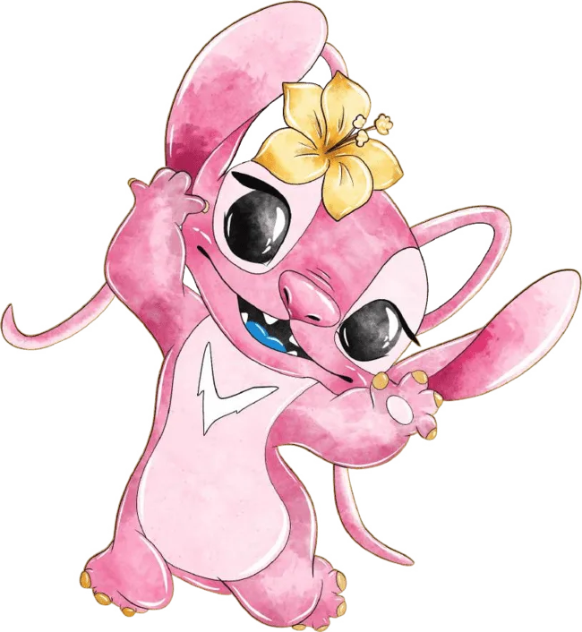 90+ Stitch PNG Grátis: Coleção Exclusiva Download Imediato! 322 Angel vaidosa com flor na cabeça sorridente aquarela PNG