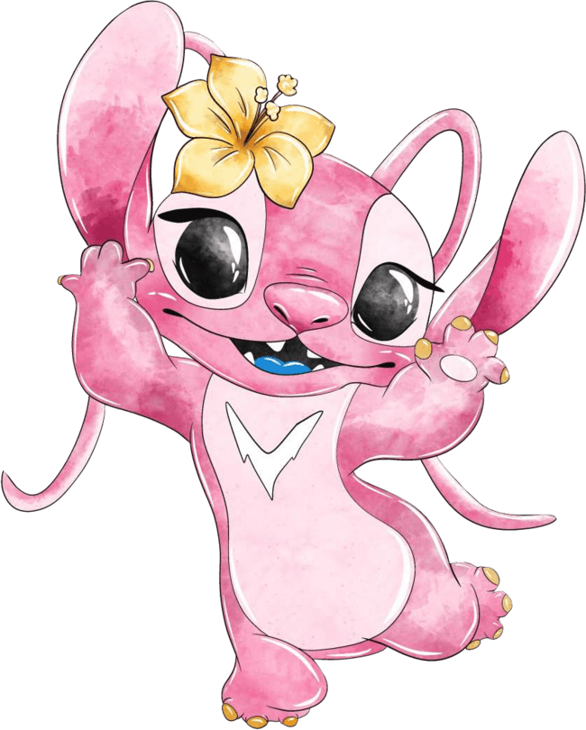 90+ Stitch PNG Grátis: Coleção Exclusiva Download Imediato! 298 Angel feliz e vaidosa com flor amarela na cabeça virada para a esquerda PNG