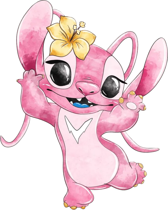 90+ Stitch PNG Grátis: Coleção Exclusiva Download Imediato! 325 Angel feliz e vaidosa com flor amarela na cabeça virada para a esquerda PNG