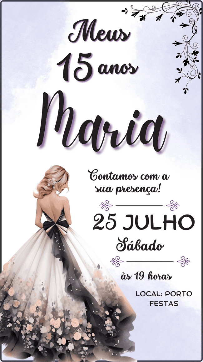 "A delicadeza em forma de convite de 15 anos. Com flores suaves e uma paleta de cores encantadora, perfeito para um jardim secreto."