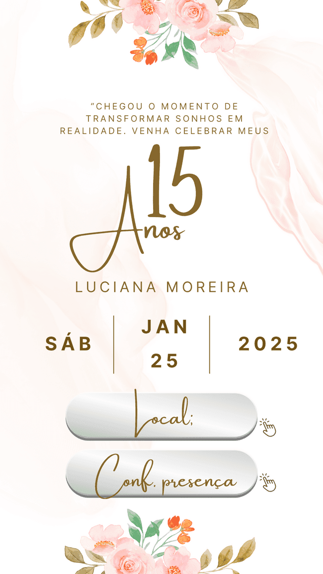 "Crie e envie pelo WhatsApp! Este convite de 15 anos digital é prático, lindo e totalmente personalizável. Clique e veja como é fácil."