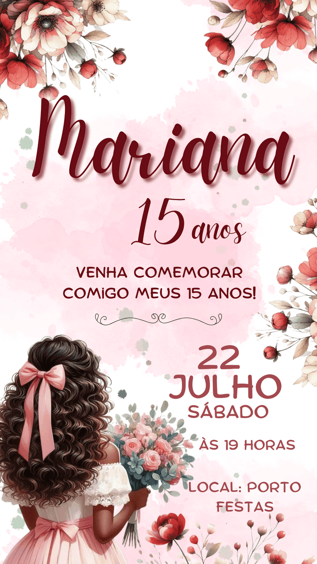 "O convite para aniversário de 15 anos ideal precisa ter a sua cara. Este modelo delicado pode ser seu em poucos cliques."