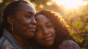 mae e filha 15 anos se abraçando e felicidade comemoracao