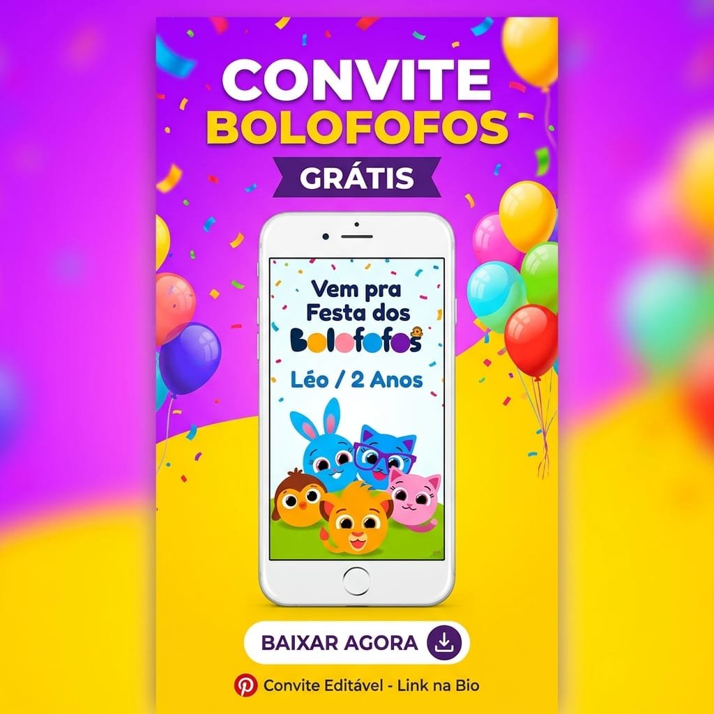Pin Pinterest - Convite Bolofofos para Editar Grátis no Canva